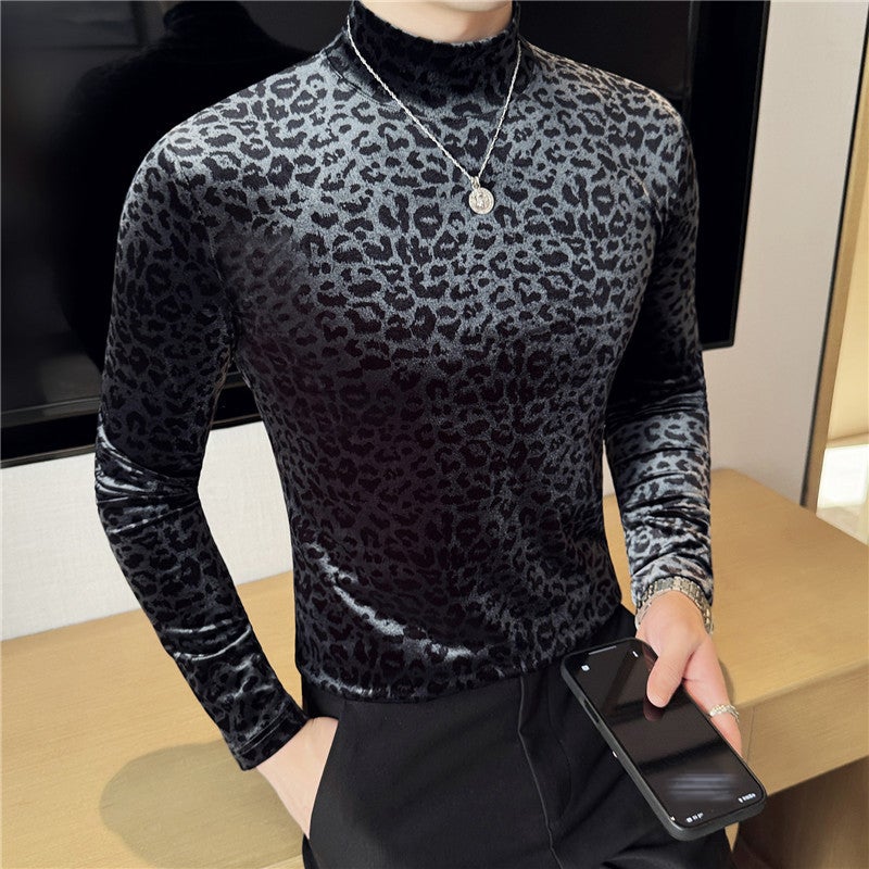 Men'S Clothing New Bottoming Shirt Gold Velvet Mid-Collar Long Sleeve T-Shirt Men'S Elastic Semi-High Collar Slim-Fit Inner T-Shirt
