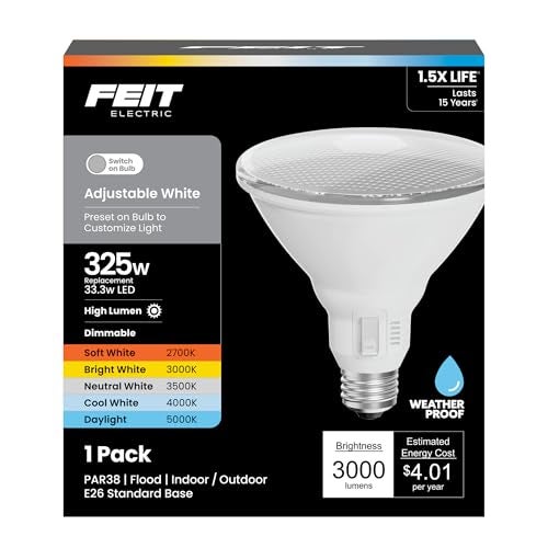Feit Electric PAR38 LED Reflector Light Bulb 325W Equivalent 5 Color Temperatures Soft to Daylight Dimmable 3000 Lumens OutdoorIndoor Bulb for Security Accent Lighting PAR38325DM5CCT - Image 1