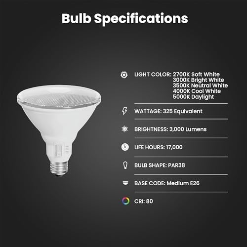 Feit Electric PAR38 LED Reflector Light Bulb 325W Equivalent 5 Color Temperatures Soft to Daylight Dimmable 3000 Lumens OutdoorIndoor Bulb for Security Accent Lighting PAR38325DM5CCT - Image 3