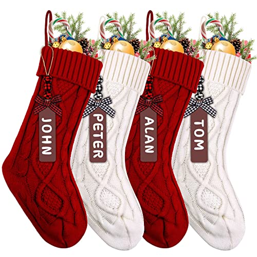 XIMISHOP 4PCS Christmas Stockings, 18inch Large Personalized Cable Knitted Xmas Hanging Stocking Decorations with Name Tags for Holiday Christmas Party Family Decor (Red and White) - Image 1