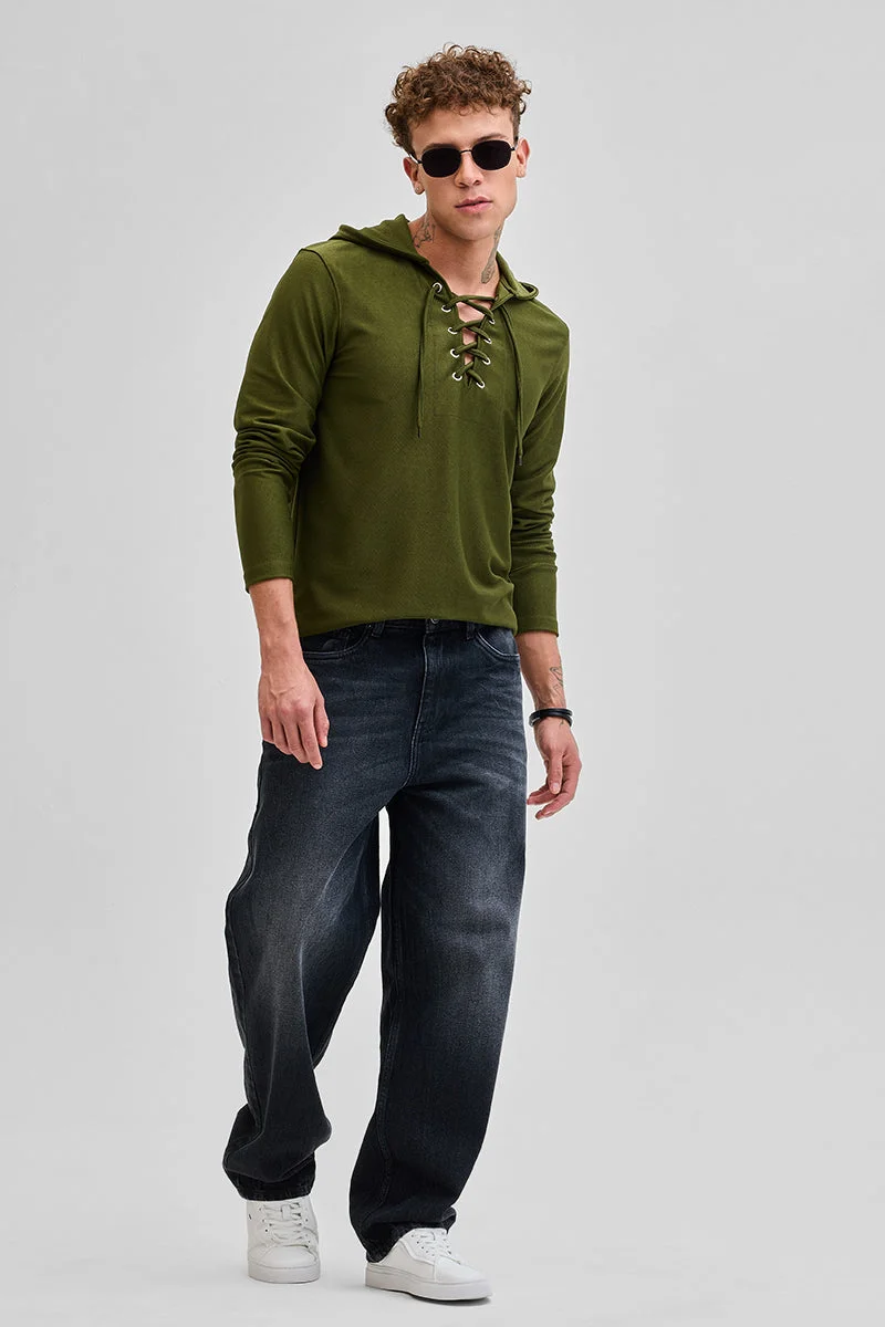 SNITCH Olive Lace-Up Textured Hoodie