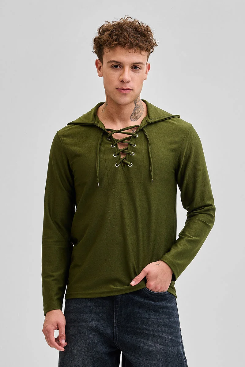 SNITCH Olive Lace-Up Textured Hoodie