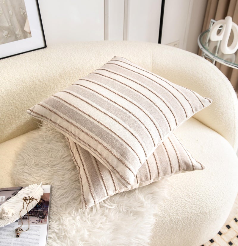 Cethom Decorative Boho Throw Pillow Covers, Farmhouse Textured Pillow Case, 20 x 20 Inch Set of 2, Chair Sofa Bedroom Living Room Home Decor Couch Cushion Case, Taupe and Beige Striped - Image 2