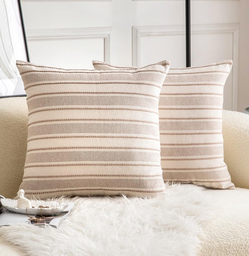 Cethom Decorative Boho Throw Pillow Covers, Farmhouse Textured Pillow Case, 20 x 20 Inch Set of 2, Chair Sofa Bedroom Living Room Home Decor Couch Cushion Case, Taupe and Beige Striped - Image 1