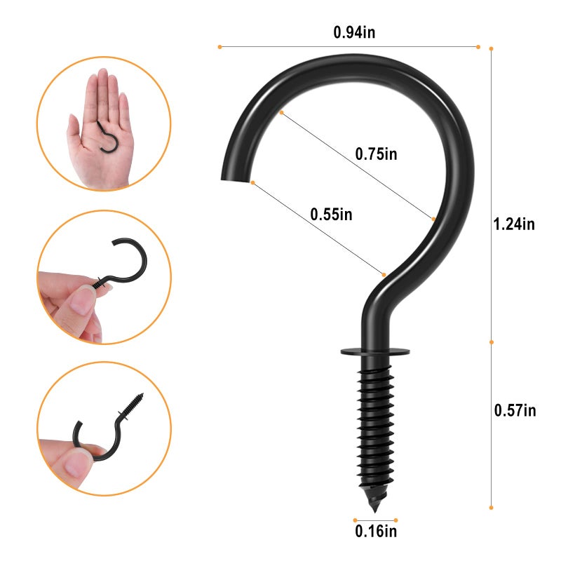 Relbro 50 Pcs Screw Hooks  1-1/4 Inch Cup Hooks Screw In Mug Hooks Metal Heavy Duty Screw In Wall Hooks Ceiling Hooks Indoor Outdoor For Utensils Plants Lights Decors Black - Image 3
