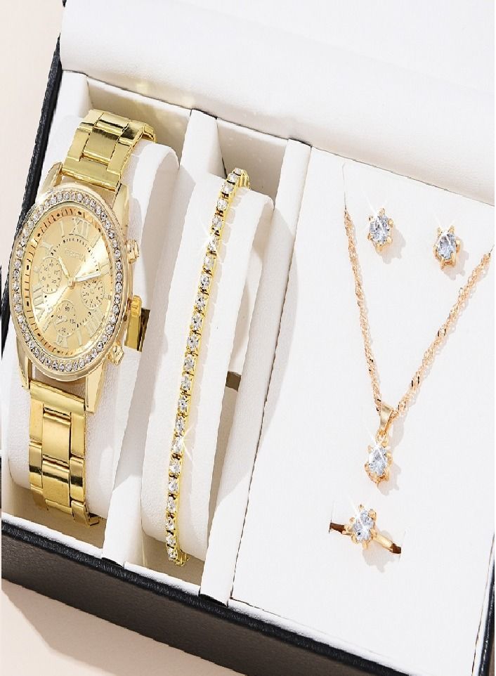 Geneva Shining Ladies Watches Gifts Set with Diamond Decorated Bracelet Necklace Ring Earrings Luxury Fashion Quartz Wrist Womens Watch 5Pcs Set
