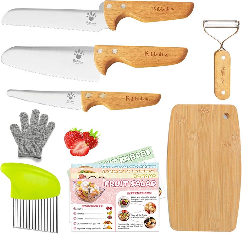 Kibbidea Kids Safe Knives for Real Cooking, 11-Piece Kids Cutting Board and Kitchen Knife Set, BPA-free, Firm Grip, Serrated Child Friendly Chef Knives for Starter - Image 1