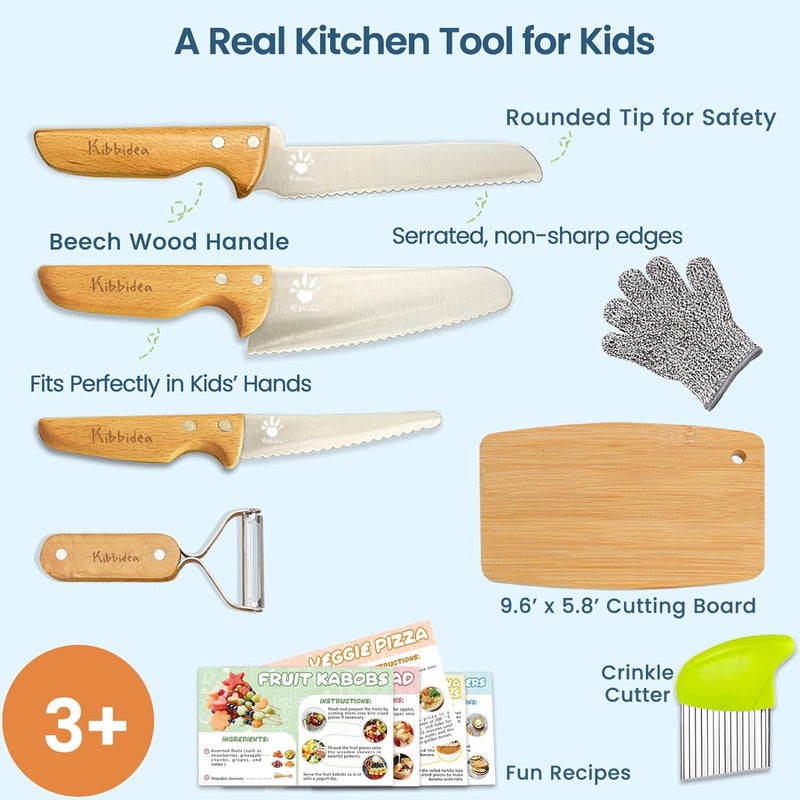 Kibbidea Kids Safe Knives for Real Cooking, 11-Piece Kids Cutting Board and Kitchen Knife Set, BPA-free, Firm Grip, Serrated Child Friendly Chef Knives for Starter - Image 3