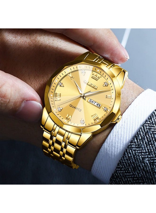 أوليفز ساعة OLEVS ذهبية للرجال، كوارتز تناظرية، رسمية، ألماس، ساعات عمل، ستانلس ستيل، مقاومة للماء، ساعة يد فاخرة مضيئة بمؤشر التاريخ - Image 3