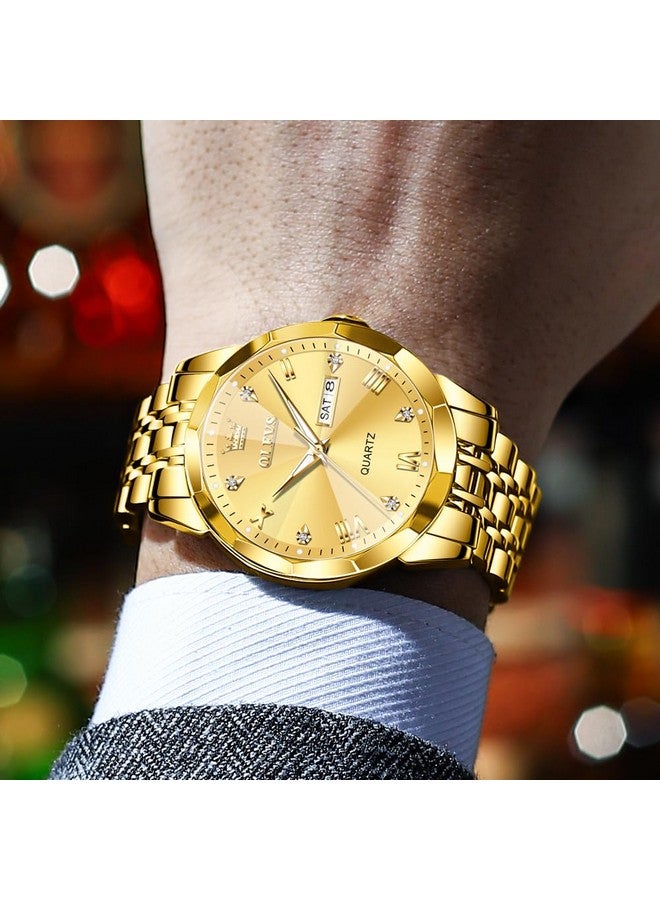 أوليفز ساعة OLEVS ذهبية للرجال، كوارتز تناظرية، رسمية، ألماس، ساعات عمل، ستانلس ستيل، مقاومة للماء، ساعة يد فاخرة مضيئة بمؤشر التاريخ - Image 5