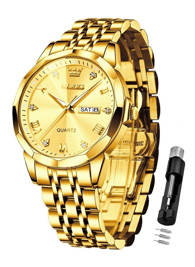 أوليفز ساعة OLEVS ذهبية للرجال، كوارتز تناظرية، رسمية، ألماس، ساعات عمل، ستانلس ستيل، مقاومة للماء، ساعة يد فاخرة مضيئة بمؤشر التاريخ - Image 1