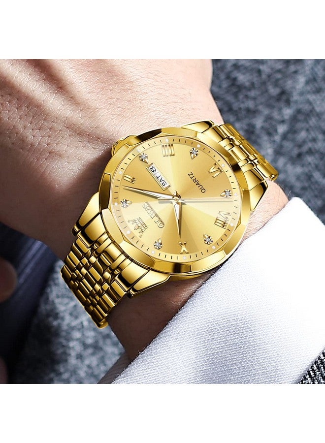 أوليفز ساعة OLEVS ذهبية للرجال، كوارتز تناظرية، رسمية، ألماس، ساعات عمل، ستانلس ستيل، مقاومة للماء، ساعة يد فاخرة مضيئة بمؤشر التاريخ - Image 4