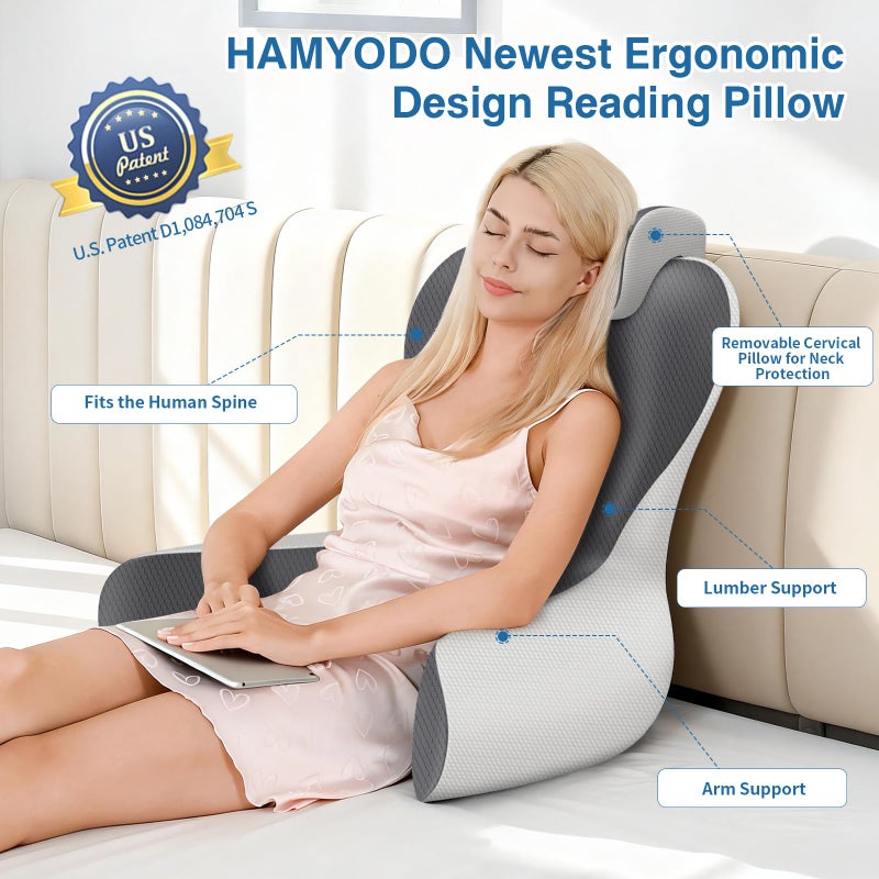 HAMYODO Reading Pillow for Sitting in Bed, 22â€H Bed Rest Pillows with Arms, Back Pillows for Sitting Up, Ergonomic Lumbar Support Cushion for Reclining, Gaming, Work, Resting, Watching TV, (Grey&Darkgrey) - Image 2