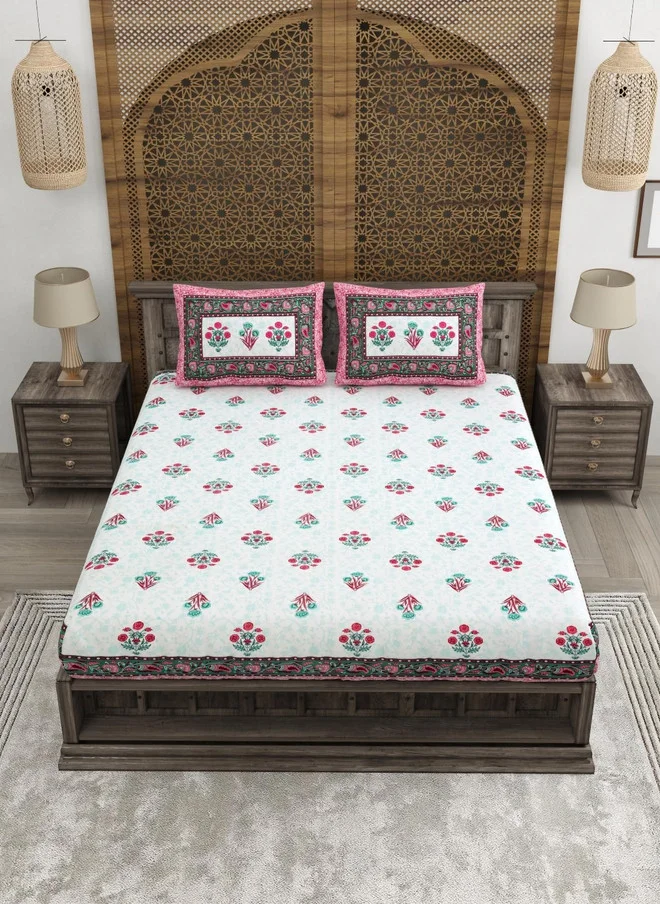 CLOTHOLOGY CLOTHOLOGY Pink & Blue Floral Printed 180TC Pure Cotton King Bedsheet Set