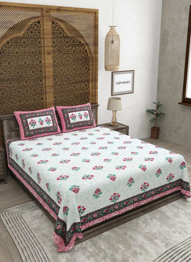 CLOTHOLOGY CLOTHOLOGY Pink & Blue Floral Printed 180TC Pure Cotton King Bedsheet Set