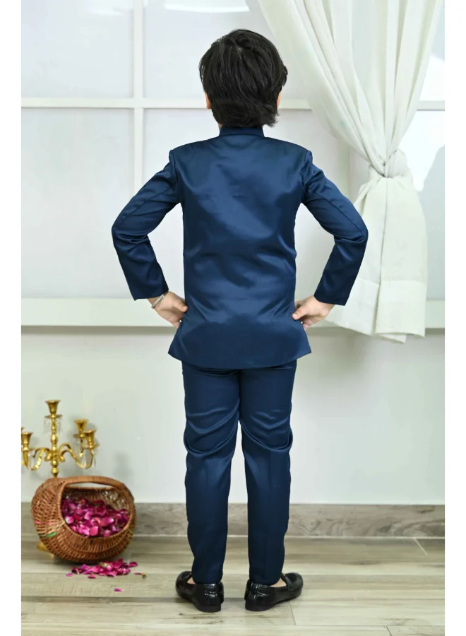 BT DEZINES Boys Royal Blue Satin Jodhpuri Suit Set