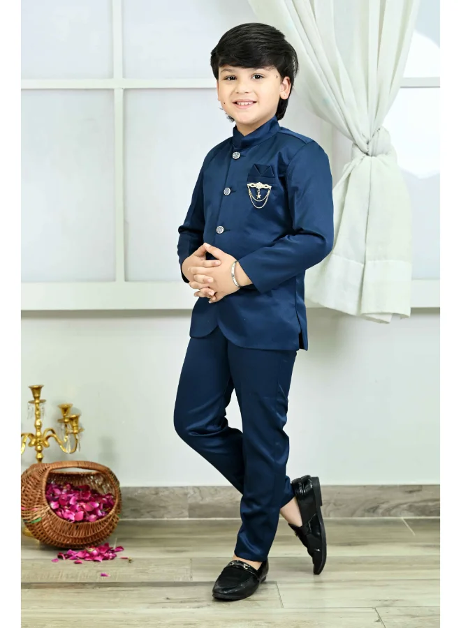 BT DEZINES Boys Royal Blue Satin Jodhpuri Suit Set