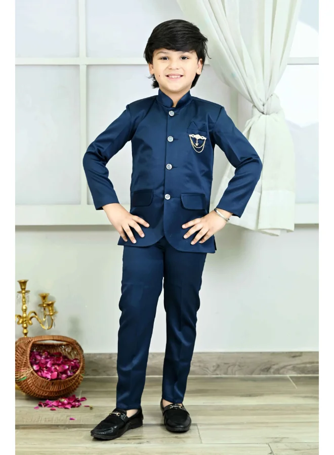 BT DEZINES Boys Royal Blue Satin Jodhpuri Suit Set