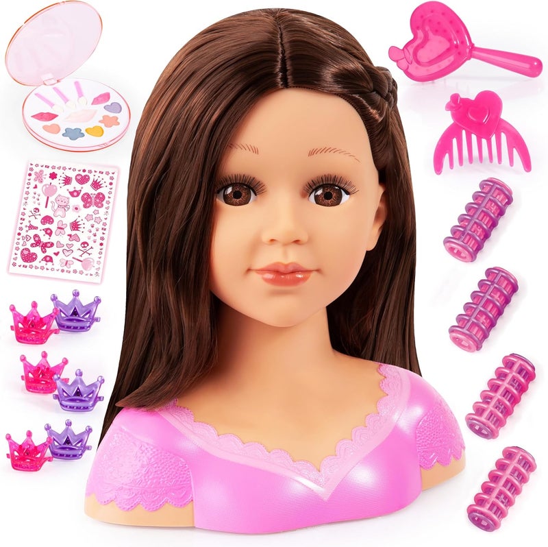 Bayer Design : Charlene Super Model Make Up Head, Brown Hairs, Brunette, Comes with Make-Up and Stickers, Styling Ideas Shown on Showbox, For Ages 3 and up - Image 1