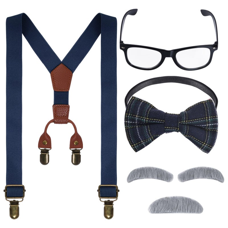 mifengda Kids Old Man Costume 100 Day of School Grandpa Costume for Boys 1920s Old Man Outfit Halloween Dress Up Set Including Bow Tie Beard Eyebrow Suspenders Glasses for Kids Boy Halloween - Image 3