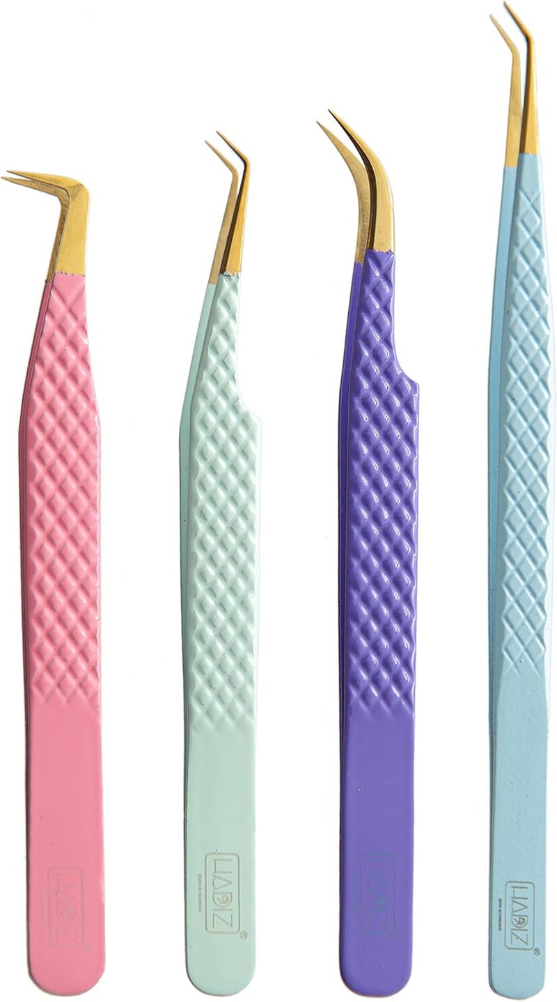 HADIZ Fiber Tip Tweezers Set of 4 Diamond Grip Eyelash Extensions Tweezers Japanese Stainless Steel Lash Tweezer (Combination) - Image 5