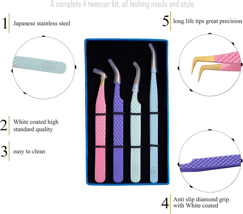 HADIZ Fiber Tip Tweezers Set of 4 Diamond Grip Eyelash Extensions Tweezers Japanese Stainless Steel Lash Tweezer (Combination) - Image 2