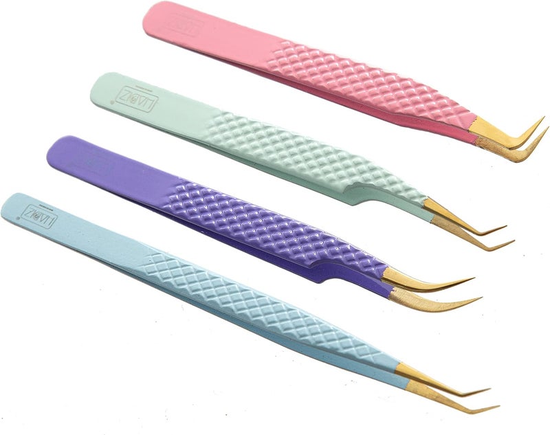 HADIZ Fiber Tip Tweezers Set of 4 Diamond Grip Eyelash Extensions Tweezers Japanese Stainless Steel Lash Tweezer (Combination) - Image 3