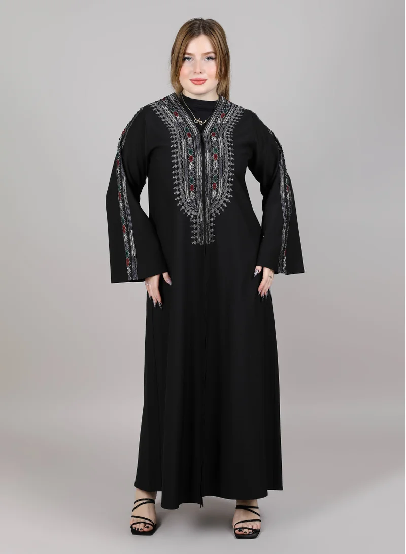 أم سكوير فاشن MSquare Fashion V-Neck Black Embroidered Open Abaya