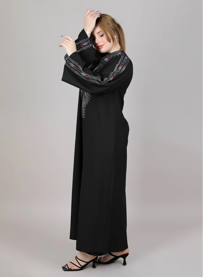 أم سكوير فاشن MSquare Fashion V-Neck Black Embroidered Open Abaya