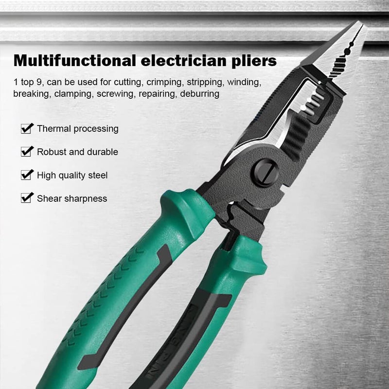 uptodateproducts Multifunction 9 in 1 Electric Pliers Long Nose Electrician Wire Stripping Cutter Clamp Hardware Cable Repairing Hand Tool - Image 2