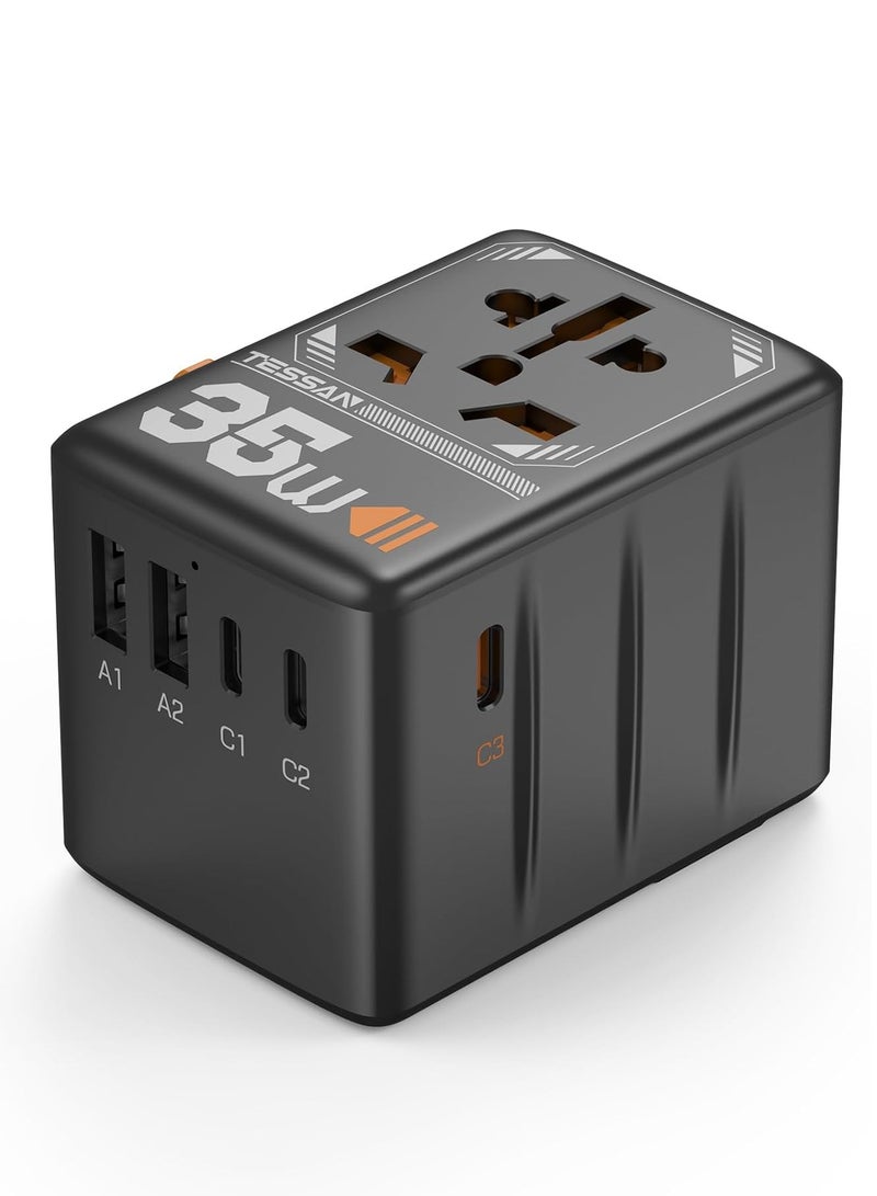 تيسان محول سفر عالمي، محول قابس دولي 35 وات مع 3 منافذ شحن USB C و2 منافذ شحن USB A، منفذ طاقة عالمي من الولايات المتحدة إلى أوروبا والاتحاد الأوروبي والمملكة المتحدة وأستراليا وأيرلندا (النوع C/G/A/I) TESSAN 6 في 1 شاحن حائط محول طاقة دولي متعدد الاستخدامات لمحطة شحن للمنزل والمكاتب واللوازم المدرسية، أسود - Image 1