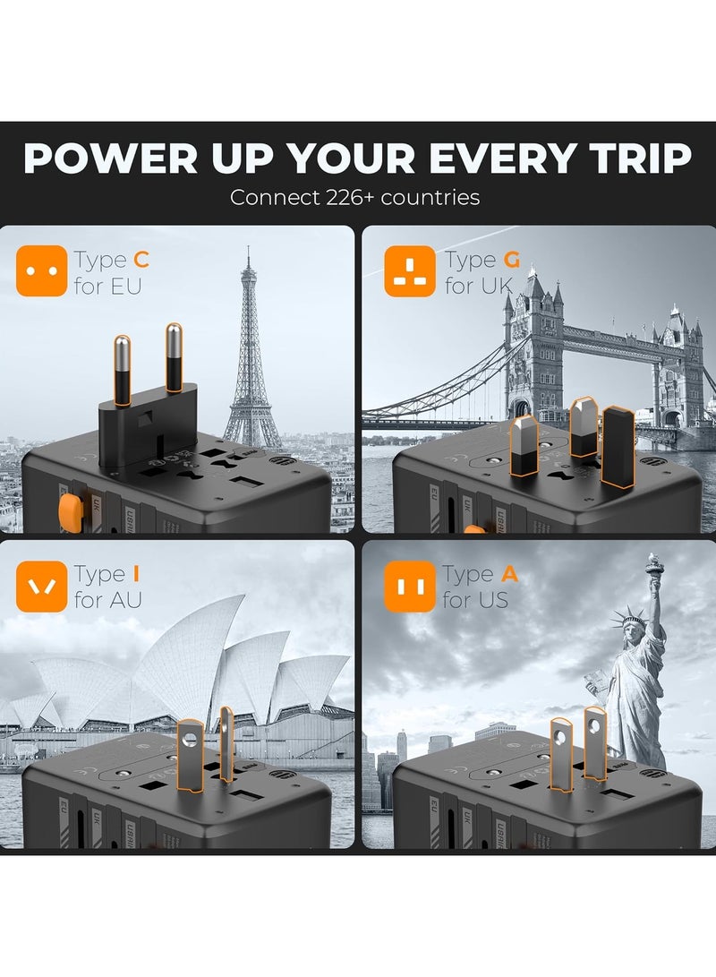 تيسان محول سفر عالمي، محول قابس دولي 35 وات مع 3 منافذ شحن USB C و2 منافذ شحن USB A، منفذ طاقة عالمي من الولايات المتحدة إلى أوروبا والاتحاد الأوروبي والمملكة المتحدة وأستراليا وأيرلندا (النوع C/G/A/I) TESSAN 6 في 1 شاحن حائط محول طاقة دولي متعدد الاستخدامات لمحطة شحن للمنزل والمكاتب واللوازم المدرسية، أسود - Image 2