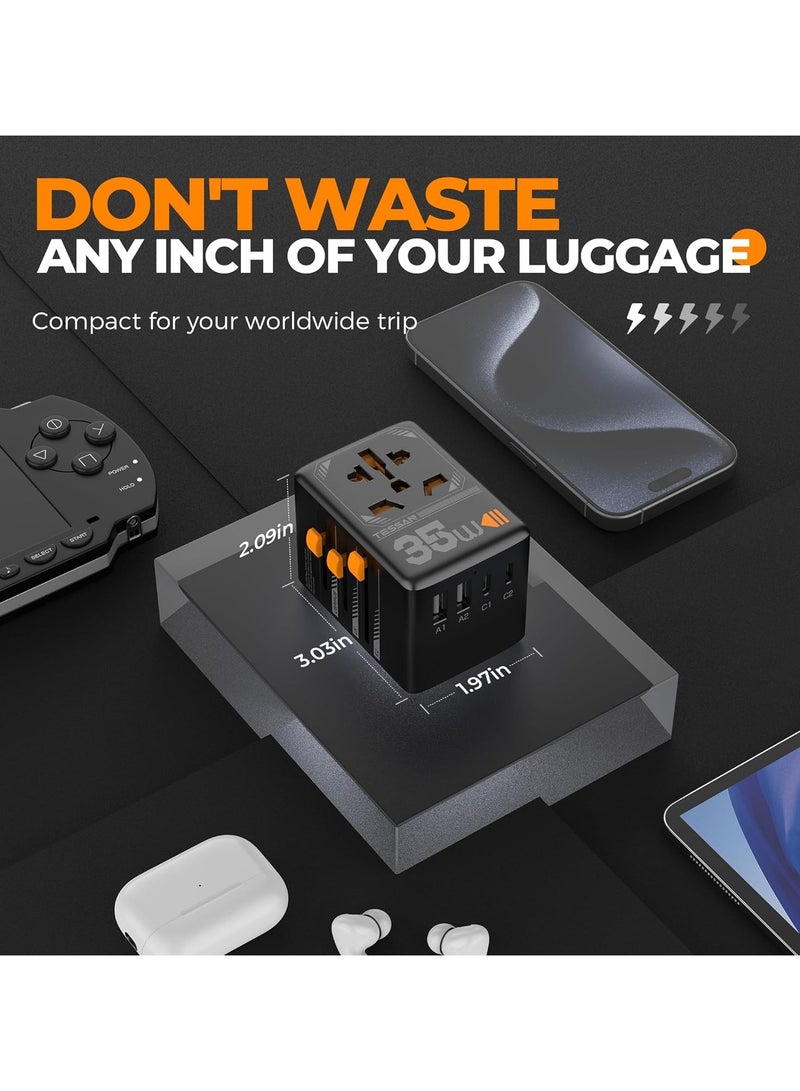 تيسان محول سفر عالمي، محول قابس دولي 35 وات مع 3 منافذ شحن USB C و2 منافذ شحن USB A، منفذ طاقة عالمي من الولايات المتحدة إلى أوروبا والاتحاد الأوروبي والمملكة المتحدة وأستراليا وأيرلندا (النوع C/G/A/I) TESSAN 6 في 1 شاحن حائط محول طاقة دولي متعدد الاستخدامات لمحطة شحن للمنزل والمكاتب واللوازم المدرسية، أسود - Image 5