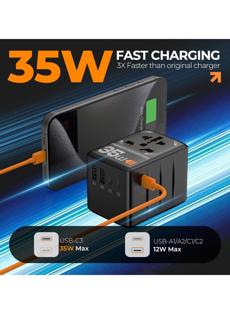 تيسان محول سفر عالمي، محول قابس دولي 35 وات مع 3 منافذ شحن USB C و2 منافذ شحن USB A، منفذ طاقة عالمي من الولايات المتحدة إلى أوروبا والاتحاد الأوروبي والمملكة المتحدة وأستراليا وأيرلندا (النوع C/G/A/I) TESSAN 6 في 1 شاحن حائط محول طاقة دولي متعدد الاستخدامات لمحطة شحن للمنزل والمكاتب واللوازم المدرسية، أسود - Image 3