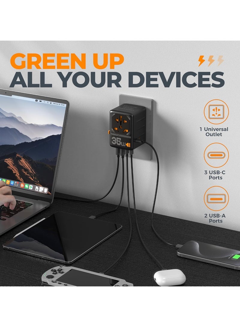 تيسان محول سفر عالمي، محول قابس دولي 35 وات مع 3 منافذ شحن USB C و2 منافذ شحن USB A، منفذ طاقة عالمي من الولايات المتحدة إلى أوروبا والاتحاد الأوروبي والمملكة المتحدة وأستراليا وأيرلندا (النوع C/G/A/I) TESSAN 6 في 1 شاحن حائط محول طاقة دولي متعدد الاستخدامات لمحطة شحن للمنزل والمكاتب واللوازم المدرسية، أسود - Image 4