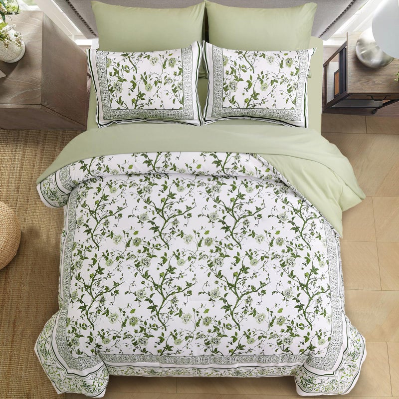 Dobuyly Floral Queen Comforter Set, 7 Piece Bed in a Bag Queen Size Sage Green Flowers on White Botanical Bedding Set, Soft Microfiber Bedding Comforter Sets with Sheets for All Season - Image 3