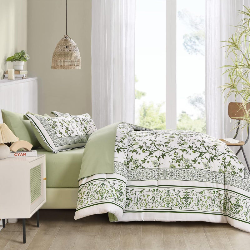 Dobuyly Floral Queen Comforter Set, 7 Piece Bed in a Bag Queen Size Sage Green Flowers on White Botanical Bedding Set, Soft Microfiber Bedding Comforter Sets with Sheets for All Season - Image 4
