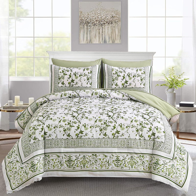 Dobuyly Floral Queen Comforter Set, 7 Piece Bed in a Bag Queen Size Sage Green Flowers on White Botanical Bedding Set, Soft Microfiber Bedding Comforter Sets with Sheets for All Season - Image 1