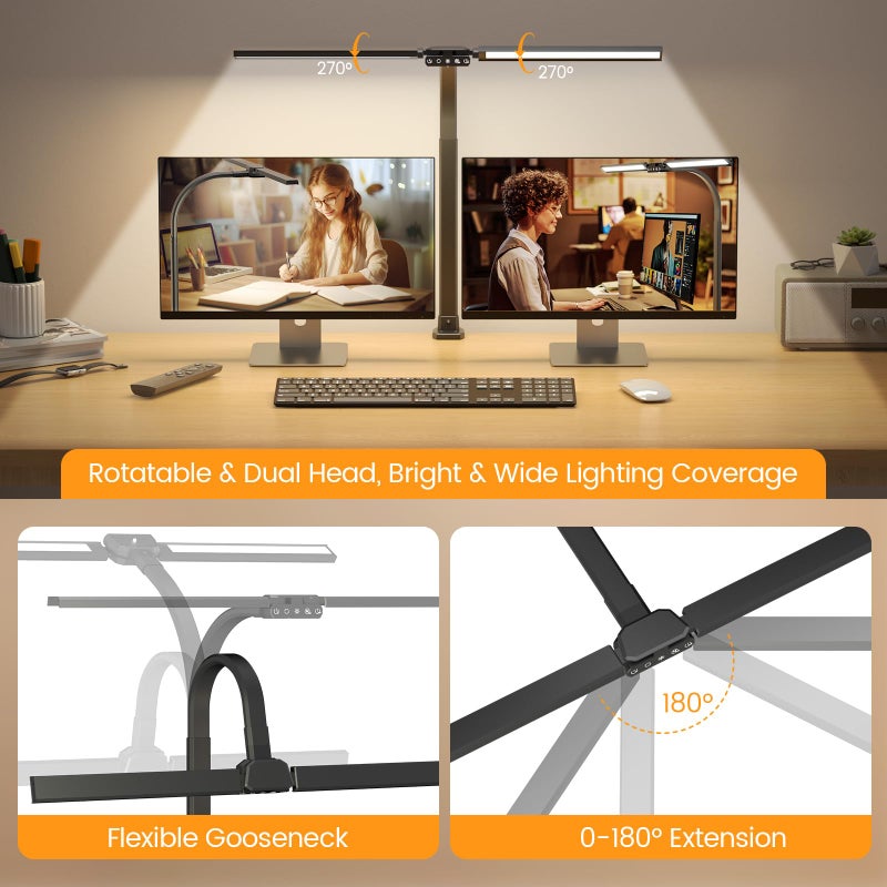 SIBRILLE Upgraded LED Desk Lamp for Home Office with RGB, Rotatable Computer Desk Light with Remote, Tall Table Lamp with Clamp for Working, Dimmable Dual Head Task Lighting for Monitor PC, 22W - Image 2