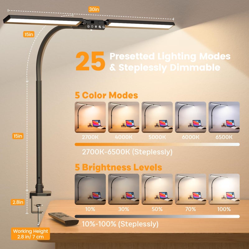 SIBRILLE Upgraded LED Desk Lamp for Home Office with RGB, Rotatable Computer Desk Light with Remote, Tall Table Lamp with Clamp for Working, Dimmable Dual Head Task Lighting for Monitor PC, 22W - Image 3