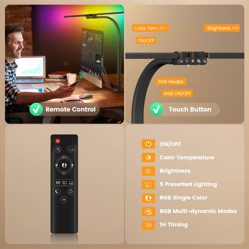 SIBRILLE Upgraded LED Desk Lamp for Home Office with RGB, Rotatable Computer Desk Light with Remote, Tall Table Lamp with Clamp for Working, Dimmable Dual Head Task Lighting for Monitor PC, 22W - Image 5