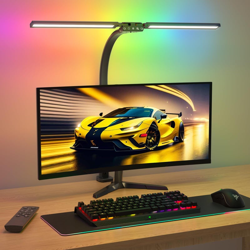 SIBRILLE Upgraded LED Desk Lamp for Home Office with RGB, Rotatable Computer Desk Light with Remote, Tall Table Lamp with Clamp for Working, Dimmable Dual Head Task Lighting for Monitor PC, 22W - Image 1