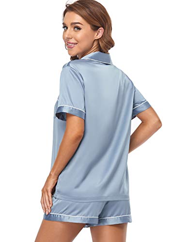 Serenedelicacy Women's Satin Pajama Set 2-Piece Sleepwear Loungewear Button Down Short Sleeve Silky PJ Set (Small, Dusty Blue) - Image 2