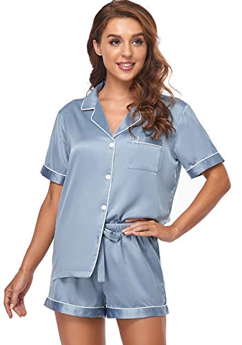Serenedelicacy Women's Satin Pajama Set 2-Piece Sleepwear Loungewear Button Down Short Sleeve Silky PJ Set (Small, Dusty Blue) - Image 3