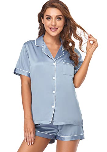 Serenedelicacy Women's Satin Pajama Set 2-Piece Sleepwear Loungewear Button Down Short Sleeve Silky PJ Set (Small, Dusty Blue) - Image 1