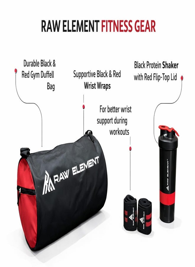 RAW ELEMENT Gym Bag Combo Set with Shoe Compartment, Protein Shaker & Wrist Wraps | 30-35L Duffel Bag | Heavy Duty Fitness Travel Bag for Men & Women | Black & Red (Red & Black) - Image 3