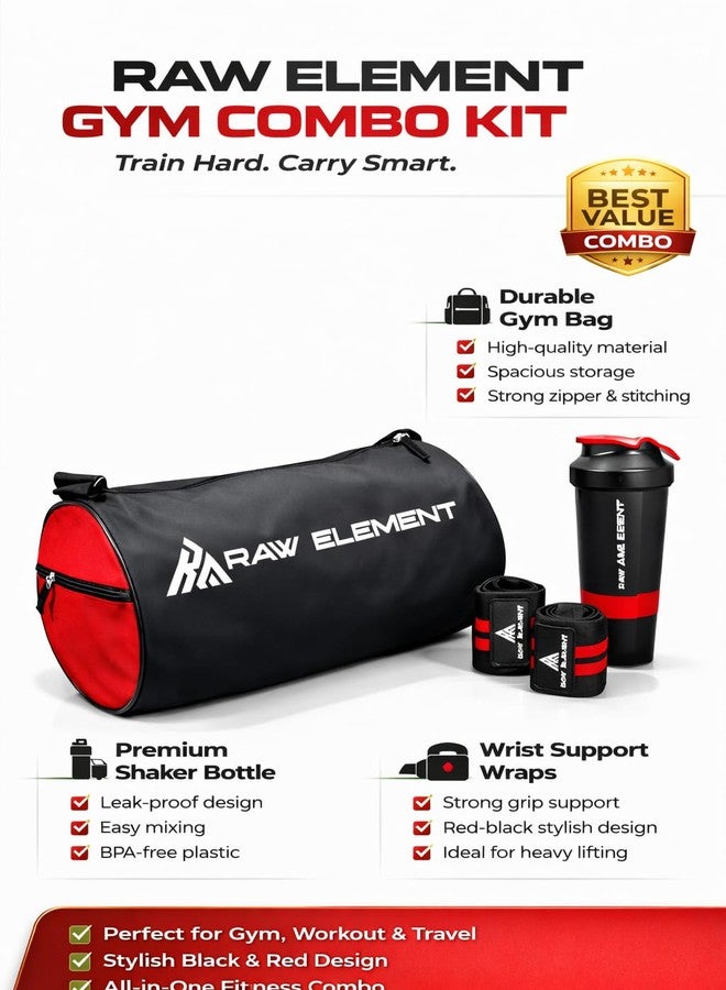 RAW ELEMENT Gym Bag Combo Set with Shoe Compartment, Protein Shaker & Wrist Wraps | 30-35L Duffel Bag | Heavy Duty Fitness Travel Bag for Men & Women | Black & Red (Red & Black) - Image 4