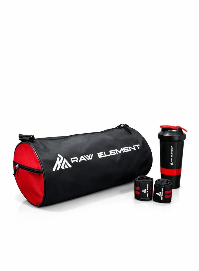 RAW ELEMENT Gym Bag Combo Set with Shoe Compartment, Protein Shaker & Wrist Wraps | 30-35L Duffel Bag | Heavy Duty Fitness Travel Bag for Men & Women | Black & Red (Red & Black) - Image 1