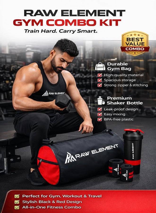 RAW ELEMENT Gym Bag Combo Set with Shoe Compartment, Protein Shaker & Wrist Wraps | 30-35L Duffel Bag | Heavy Duty Fitness Travel Bag for Men & Women | Black & Red (Red & Black) - Image 5