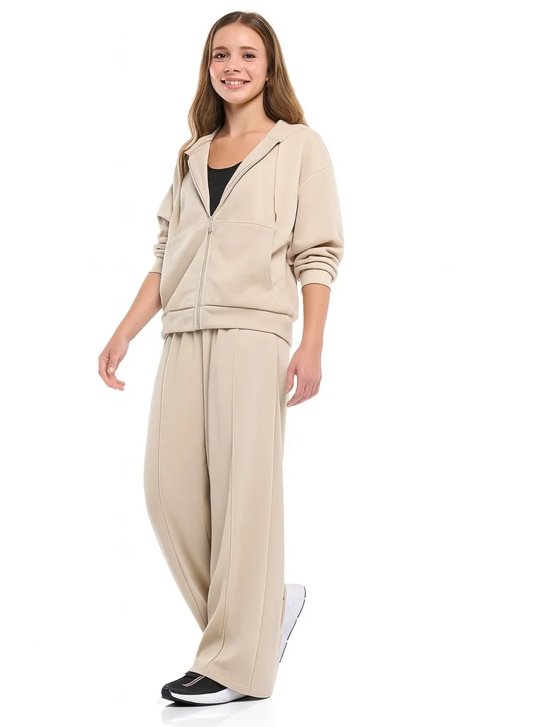 victor and jane Girls 2 Piece Set- Beige Zip-Up Cropped Hoodie & Wide-Leg Trousers Set